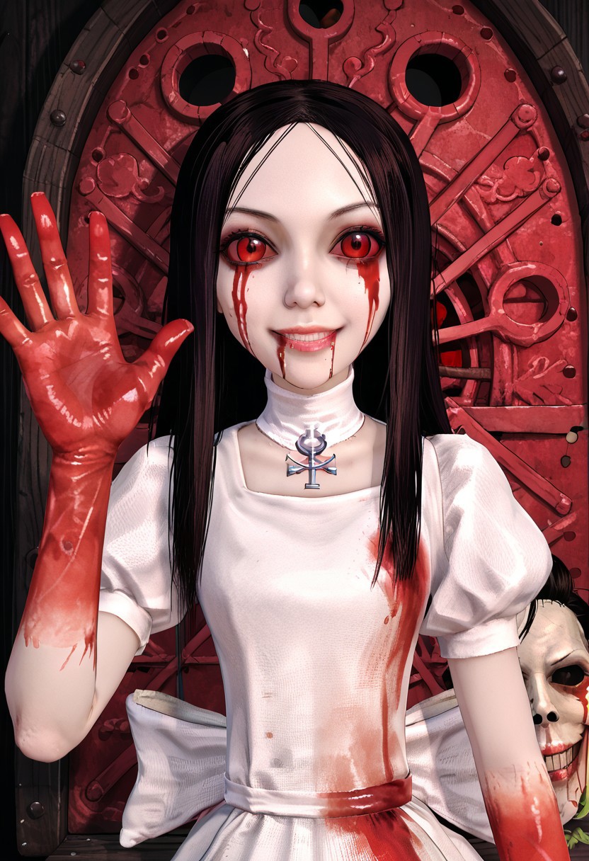 SCORE_9, SOURCE_ANIME, PORTRAIT, ALICE LIDDELL, PALE SKIN, BLACK HAIR, RED EYES, BLOODSHOT, BLOODY DRESS, HAUNTED HOUSE, HORROR (THEME), SUBTLE SMILE, NIGHTMARE, WAVING, RUSTED WALLS, BLOODY HANDS, BLOODY MESS