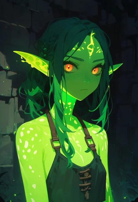 score_9, score_8_up, score_7_up, score_6_up, NLSTN, 1girl, Gith, pointed ears, spots on skin, flat nose, green skin, fantasy, dungeon background, glowing, dark