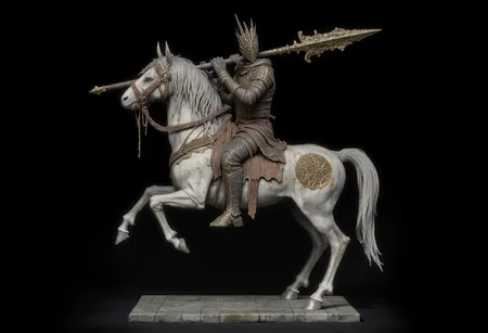 Obscure Centaur holding a bronze spear with engravings on it, the lower horse body is covered with leather and cloth armor, iron armored hooves and platemail armor
Set against a solid dark black color background to emphasize its unnatural form that emphasizes its silhouette. 
The medium is not a traditional painting or illustrative medium like watercolor or ink but rather a digital 3D rendering. 
Studio Ghibli Dark Fairytale, d4arks0uls, MikeFranchinastyle, bbstyle,, horror theme,, ZBClay model of a gray sculpture, zbrush, overcast lighting