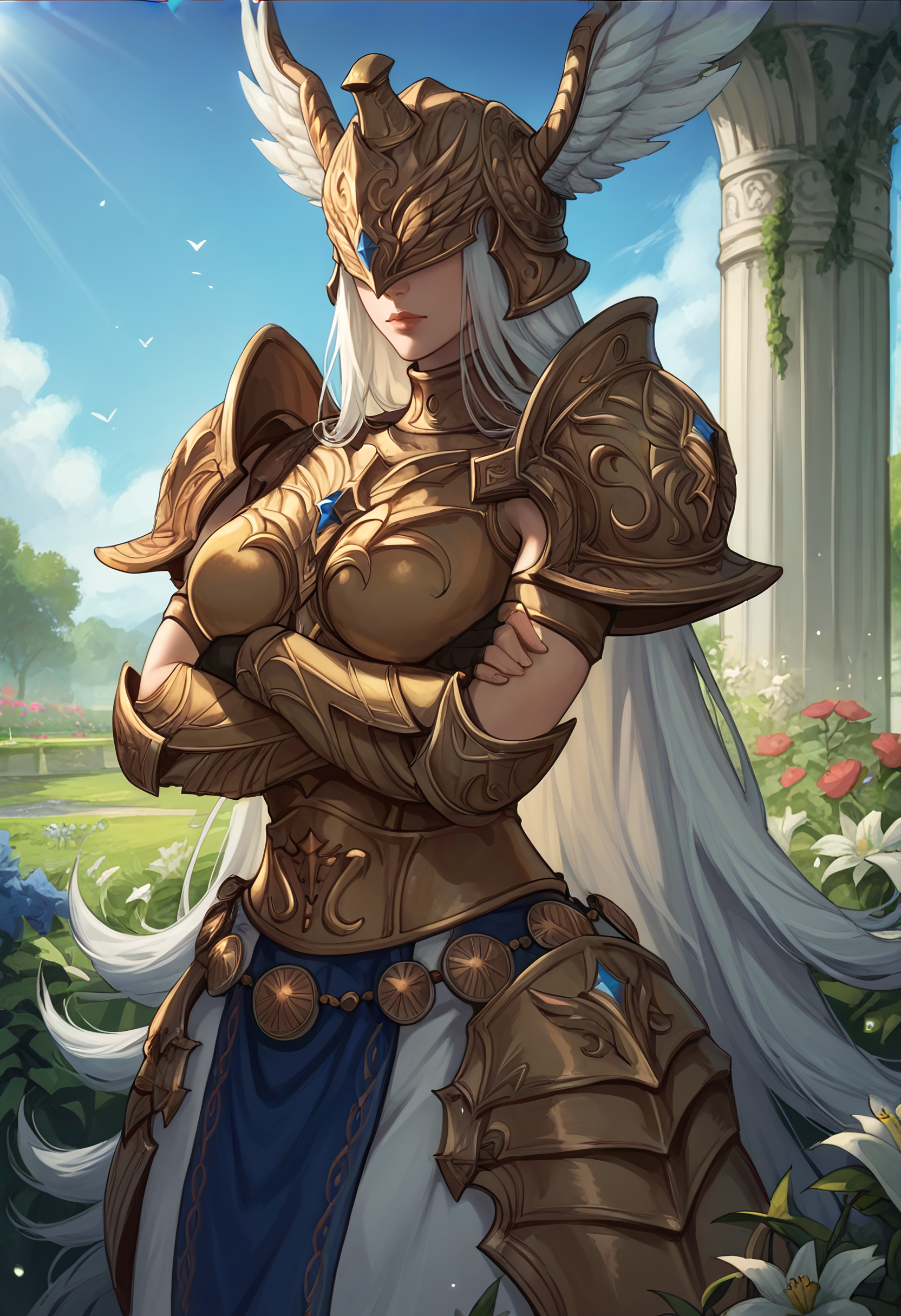 score_9, score_8_up, score_7_up, source_anime BREAK 1girl, looking at viewer, cowboy shot,
<lora:HaloneDwnsty-000009:1>, halonedwnsty, white hair, very long hair, covered eyes, winged helmet, valkyrie, gold armor, breastplate, skirt, fingerless gloves, 
large breasts, lips, skindentation, crossed arms, 
outdoors, garden, flower, sunlight, blue sky,