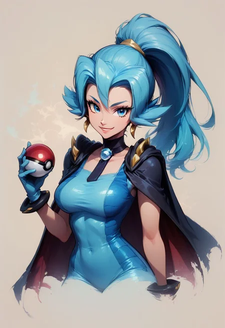 score_9, score_8_up, score_8, big breasts, (curvy), cute, eyelashes,
(holding pokeball),
Faded Headshot, faded bottom, faded edges
head tilt, smile
BREAK,
zzClair, solo, 1girl, long hair, blue hair, blue eyes, ponytail, blue bodysuit, black cape, blue gloves,
BREAK,, zPDXL,