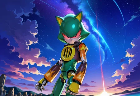 score_9, score_8_up, score_7_up, masterpiece, best quality, countershading, countershade face, high resolution, ultra-detailed, absurdres, depth of field, volumetric lighting, metal scourge, robot, mobian robot, 1boy, solo, male focus, animal ears, humanoid robot, colored sclera, night sky, clouds
