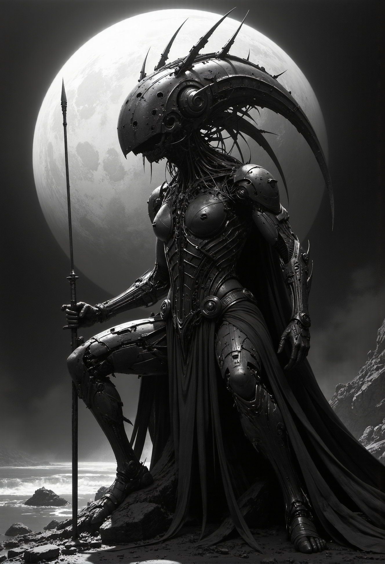 The lance must drown in the flesh Fish and man sink to the depths Where the black soul lives There is no light on the horizon. (karate stance:2). pointing at the viewer.  <lora:- Flux1 - vanta_black_V1.0.safetensors:0.66>, <lora:artisketchyfs-v02.safetensors:0.75>,   <lora:Giger_2_0.safetensors:0.25>,