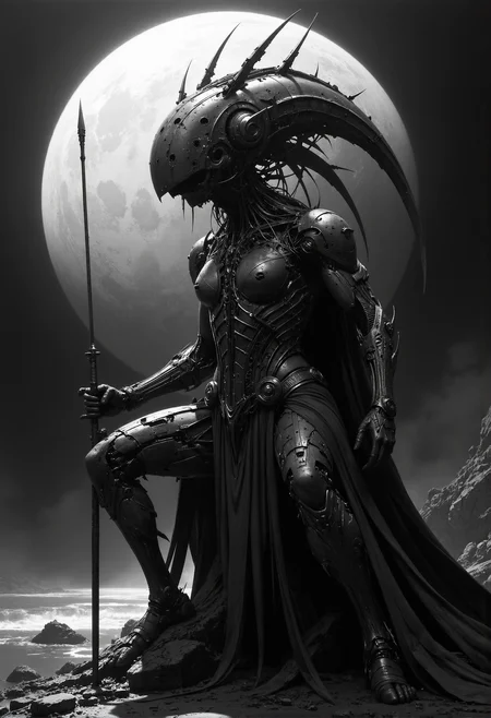 The lance must drown in the flesh Fish and man sink to the depths Where the black soul lives There is no light on the horizon. (karate stance:2). pointing at the viewer. <lora:- Flux1 - vanta_black_V1.0.safetensors:0.66>, <lora:artisketchyfs-v02.safetensors:0.75>, <lora:Giger_2_0.safetensors:0.25>,