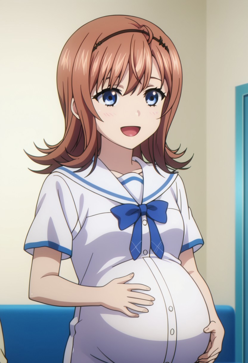 best quality, masterpiece, 4k, perfect lighting, very aesthetic, anime, anime coloring, official art, anime screencap,
OverallDetail, fFaceDetail, 
bedroom, happy, pregnant belly, hand on belly,
Yume, brown hair, wings, school uniform, white shirt,
<lora:Pregnant Bump:1>