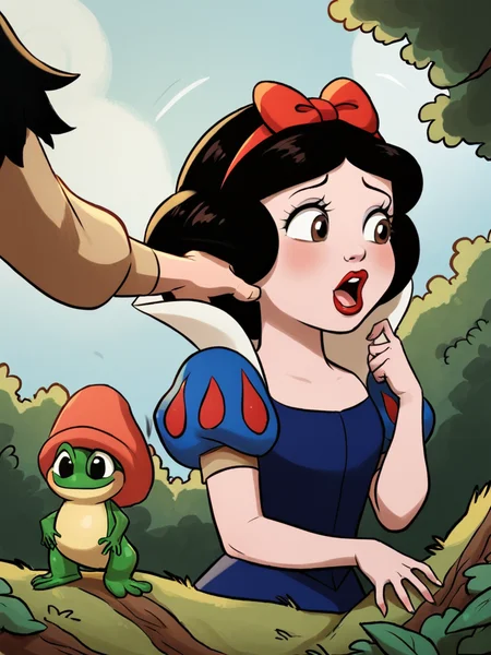 score_9, score_8_up, score_7_up, snowwhite, a cartoon snow white and the frog, open mouth, blonde hair, black hair, hat, :d, hair bow, puffy sleeves, looking at another, puffy short sleeves, makeup, parody, lipstick, bush,    <lora:princesscomic_pony_v1:0.95>