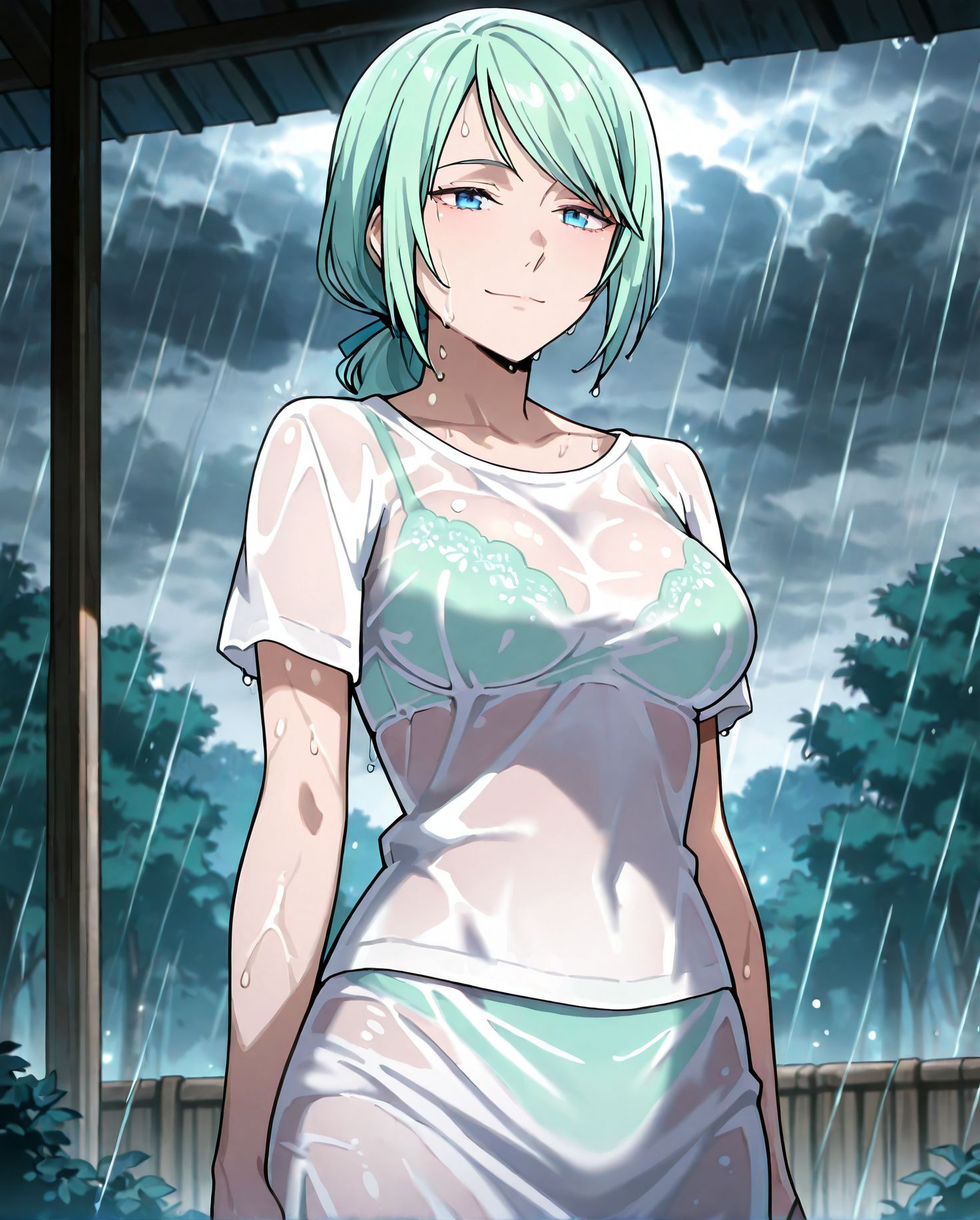 masterpiece best quality newest absurdres highres detailed eyes beautiful detailed background perfect eyes anime coloring anime screencap<lora:add-detail-xl:0.5>,
<lora:sheer_clothing:0.9>,sheer_clothingV1,
1girl,solo,underwear,bra,see-through,breasts,
sheer clothing with visible bra,wet, 
sheer skirt with visible panties,
outdoors, rain,dark,cloudy sky, 
BREAK
<lora:TenSura_Myulan_IlluXL:0.9>, 1girl, solo, closed mouth, light smile, low ponytail, swept bangs, green hair, blue eyes,
mature female, 20YO,