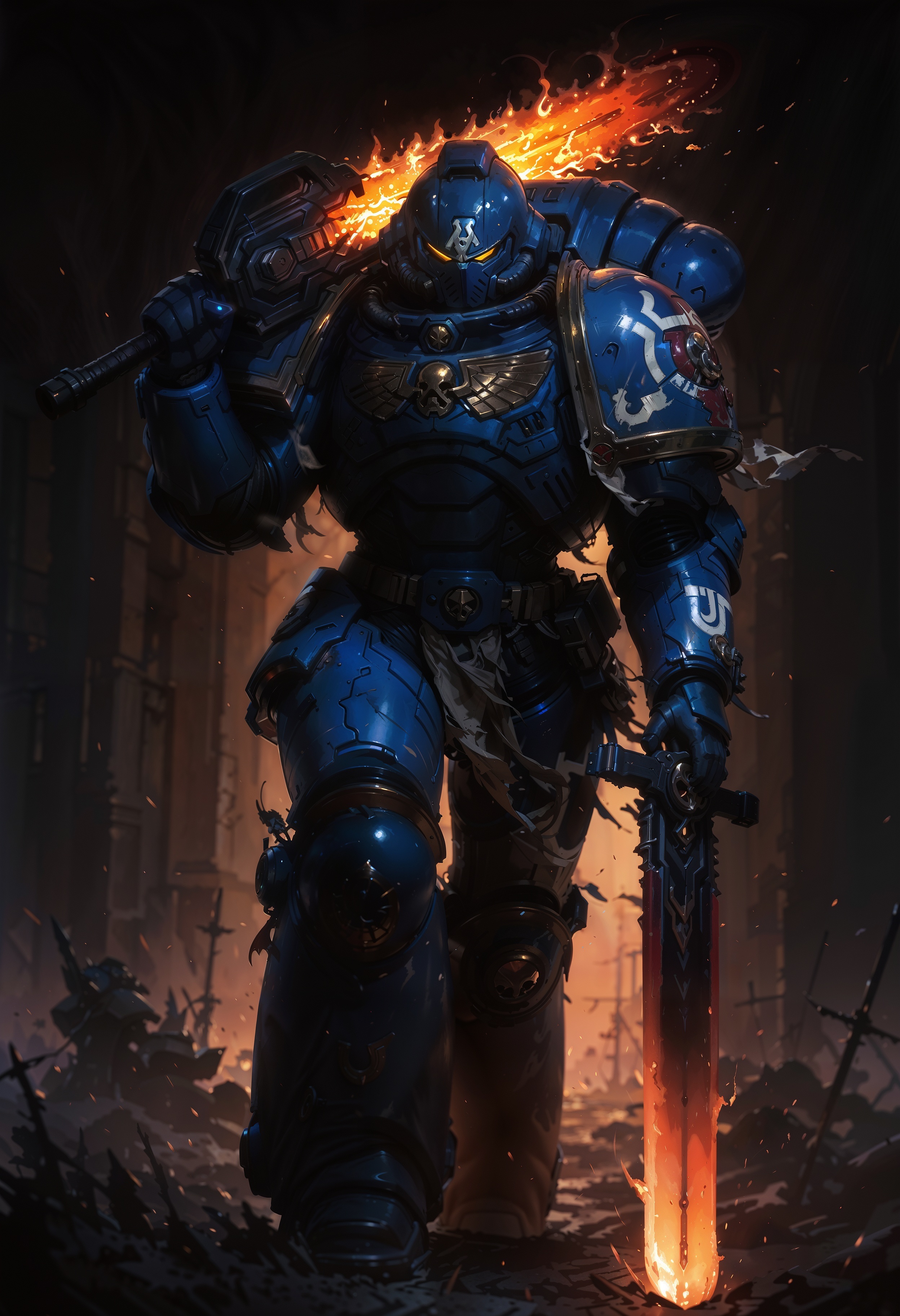 masterpiece, best quality, good quality, newest, highres, absurdres, volumetric lighting,gradient color,
BREAK
raytracing, volumetric lighting, ambient occlusion, background, masterpiece, best quality, very awa, absurdres,
BREAK
UltraM40k, 1boy, solo, detailed helmet, power armor,
BREAK
masterpiece,amazing quality,best quality,ultra-detailed,8K,illustration,CG,clear skin,ultra-detailed-eyes, background,
BREAK,
holding a sword, sword over shoulder, greatsword, large sword, flaming sword, apocalyptic, grimdark,
<lora:DetailedEyes_V3:1> <lora:USNR STYLE_XL_loha:0.45> <lora:GBF_Illustrious:0.4> <lora:NOOB_vp1_detailer_by_volnovik_v1:0.3> <lora:MGE_V5.2_IL:0.6> <lora:ponyv6_noobE11_2_adamW:0.5> <lora:noobai_vpred_1_masterpieces_v1:1> <lora:748cmXLillokrV5311P:0.6> <lora:ILLUltraM40k:1>