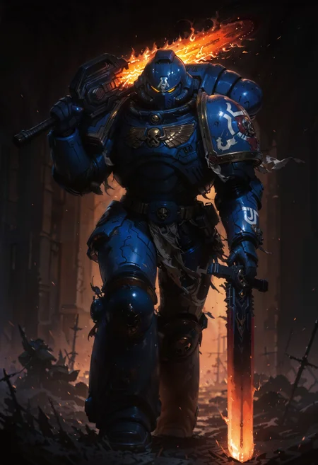 masterpiece, best quality, good quality, newest, highres, absurdres, volumetric lighting,gradient color,
BREAK
raytracing, volumetric lighting, ambient occlusion, background, masterpiece, best quality, very awa, absurdres,
BREAK
UltraM40k, 1boy, solo, detailed helmet, power armor,
BREAK
masterpiece,amazing quality,best quality,ultra-detailed,8K,illustration,CG,clear skin,ultra-detailed-eyes, background,
BREAK,
holding a sword, sword over shoulder, greatsword, large sword, flaming sword, apocalyptic, grimdark,
<lora:DetailedEyes_V3:1> <lora:USNR STYLE_XL_loha:0.45> <lora:GBF_Illustrious:0.4> <lora:NOOB_vp1_detailer_by_volnovik_v1:0.3> <lora:MGE_V5.2_IL:0.6> <lora:ponyv6_noobE11_2_adamW:0.5> <lora:noobai_vpred_1_masterpieces_v1:1> <lora:748cmXLillokrV5311P:0.6> <lora:ILLUltraM40k:1>