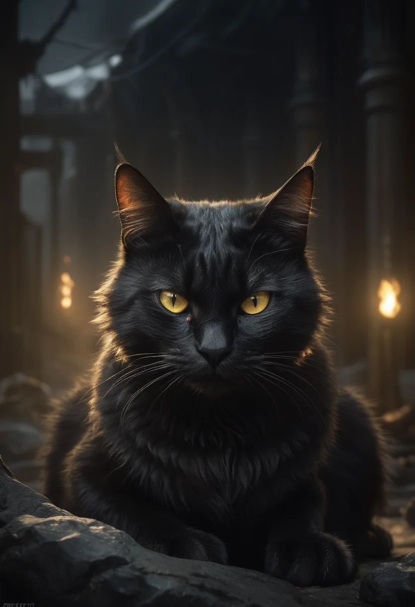Themed in black and gold, a cat, furry black, ferocious with steel eyes, sitting looking forward, fantasy, in a mysterious land, perfect composition and lighting, dramatic, main light reflected in the eyes, vivid color palette, very detailed by Greg Rutkowski <lora:fix_hands:1> <lora:add-detail-xl:0.8>