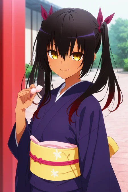 masterpiece, best quality,   <lora:ToLoveRuStyleIXL_v3:1.0>,  smile, looking at viewer, solo,   nemesis, long hair, black hair, ribbon, twintails, hair ribbon, yellow eyes, dark skin, dark-skinned female,  japanese clothes, kimono, obi, wagashi, long sleeves, wide sleeves,