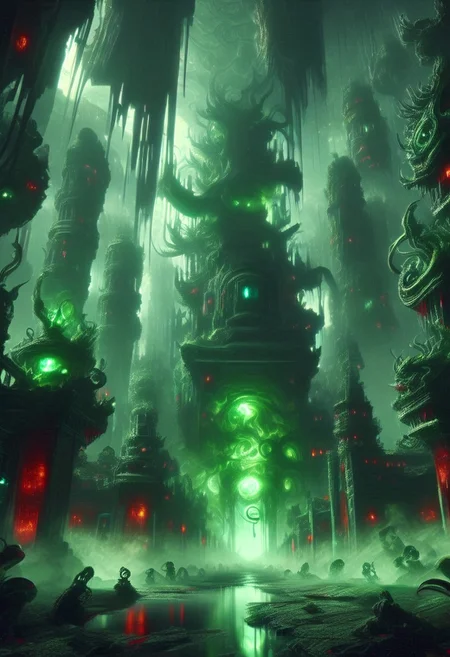 emeraldmorph,fantasy art deco,Cyberpunk city,abyssmerald, dark, haunting, green fog, cave, ruins, red lantern, background fantasy, ancient background, <lora:JJsCyberPunkCity_XL:1>, ((CyberPunk City)), (masterpiece),(high quality), best quality, real,(realistic), super detailed, (full detail),cenery,A mystical emerald valley where ancient magic fuses with future tech: biomechanical titans and cyber-enhanced crystal dragons battle beneath a blood-red moon projecting AR runes. (disintegrating and dissolving into fog and smoke:1.9) A robotic minotaur wreathed in digital flames charges through crystalline data streams, while a majestic cyber-turtle carries both a miniature emerald world and quantum computer on its shell. (blending form with reality:1.9) Techno-shamans cast code-spells from LED-enhanced robes, as chrome-augmented crystal golems guard digital ley lines. A towering emerald mech-dragon, scales shifting between runes and binary, coils around a crystal spire network hub, while digital familiars and drones dance through neon mist where technology and sorcery merge into one.