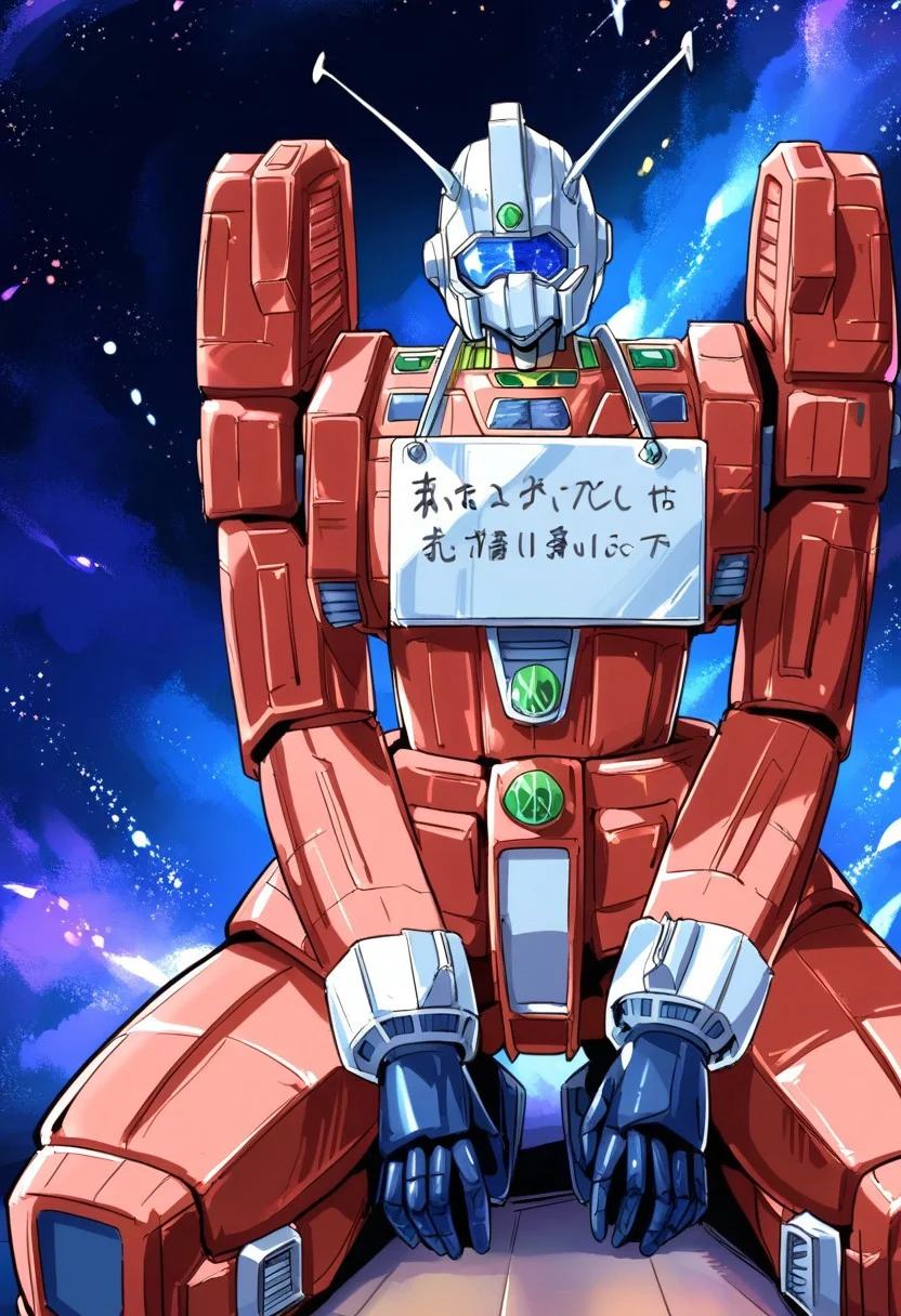score_9, score_8, no humans, solo, science fiction, 1other, ideon, super robot, giantless,
hansei_b, sitting, sitting on knees, sign,
cosmic background,