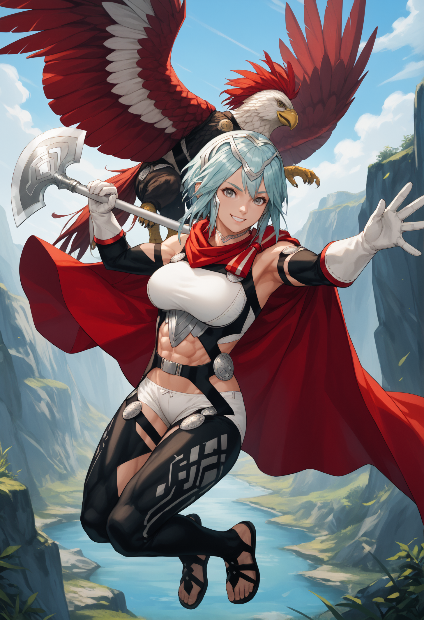 score_9, score_8_up, score_7_up, 1girl, DagrRND, grey eyes, aqua hair, short hair, large breasts, toned,
tiara, DagrO1, silver choker, armor, red cloak, bare shoulders, white top, arm strap, harness, black elbow gloves, midriff, navel, abs, white gloves, belt, white underwear, thigh strap, thigh cutout, black leggings, toeless legwear, 
looking at viewer, smile, full body, holding axe, hands up,
outdoors, airborne, jumping, animal, eagle,
<lora:FEDagrPDXL_V1-Manityro-CAME:1.0>,