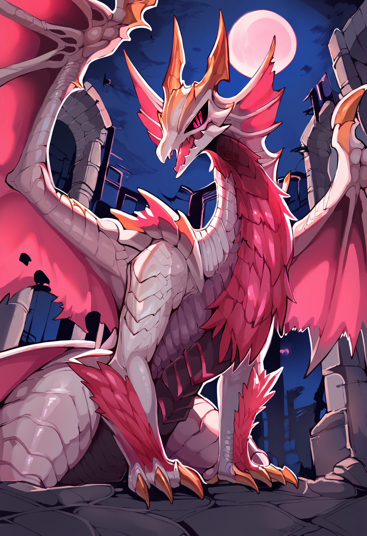 <lora:MH_Malzeno_a1_22_PonyXL_spnckpt1_th-1.4>,<lora:PDXL_artist_tags_v2_big>,score_9,score_8_up,score_7_up,malzeno,feral,by zackary911,by syuro,by hanuvo,solo,hi res,detailed background,ruins,
looking at viewer,pink eyes,no sclera,(slit pupils),pink wings,hands on ground,head frills,open mouth,chest tuft,arm tuft,side view,bent arm,night,small moon,low-angle view,