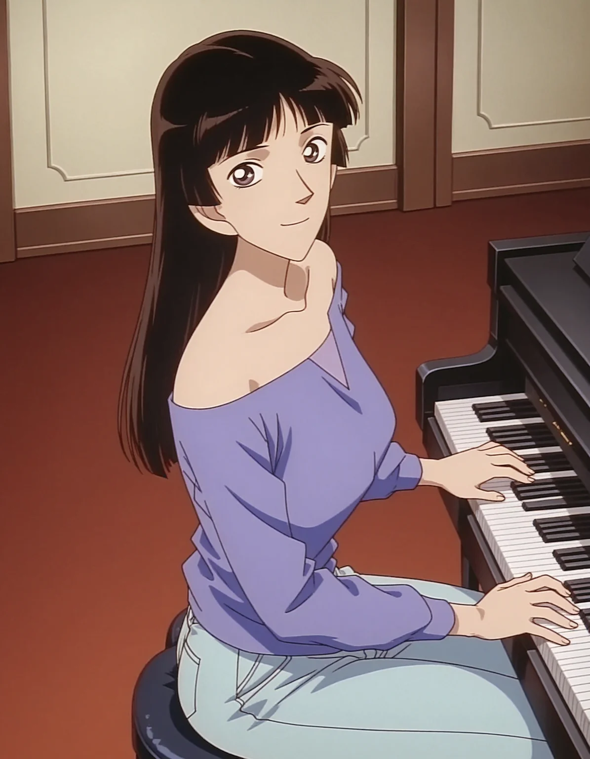 1girl,solo,masterpiece,best quality,anime screenshot,<lora:nagato_yasue_conan_v1_IL:1>,nagato yasue,(meitantei conan:0.1),flat color,
brown hair,black hair, long hair,bare shoulders,purple shirt,hime cut,mature female,blunt bangs,long sleeves,thighs,white pants,
cowboy shot,(smile:1.2),looking at viewer,indoors,playing piano,grand piano,sitting,from above,<lora:dmd2_sdxl_4step:1>,