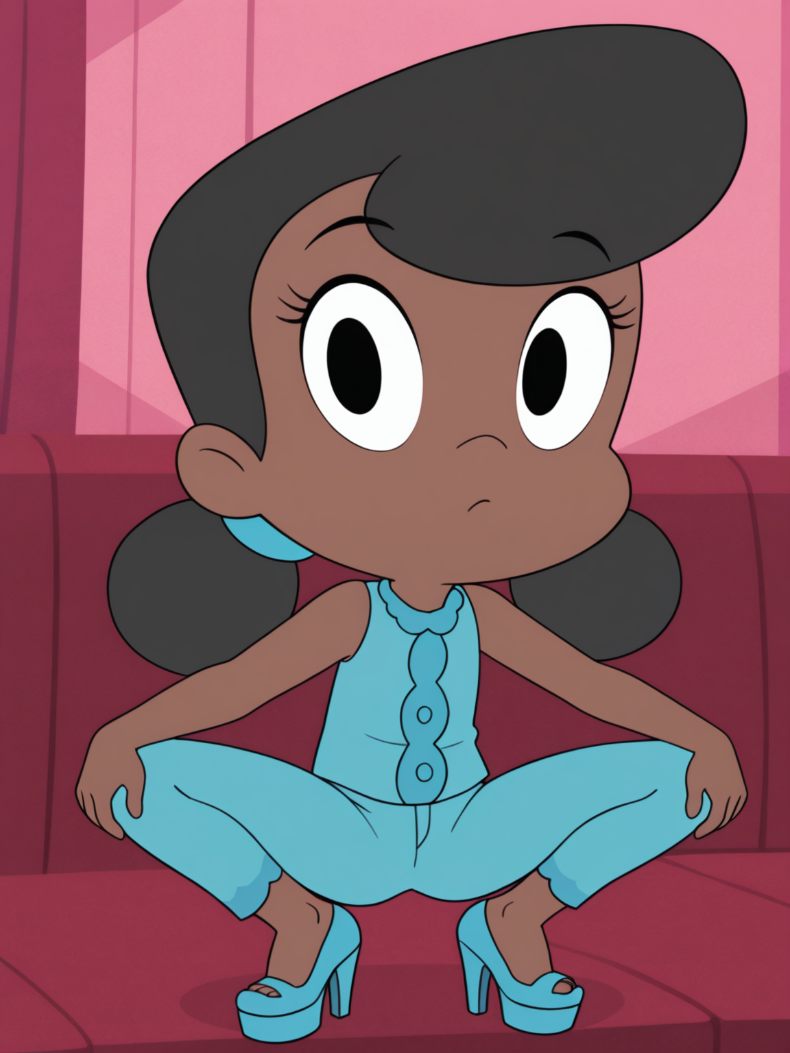 <lora:DotIL:0.9> d_t, 1girl, black eyes, brown skin, black hair, bangs, double pompoms hair, scrunchie,
looking at viewer, squatting, front view, spreading legs,  pants, platform high heels