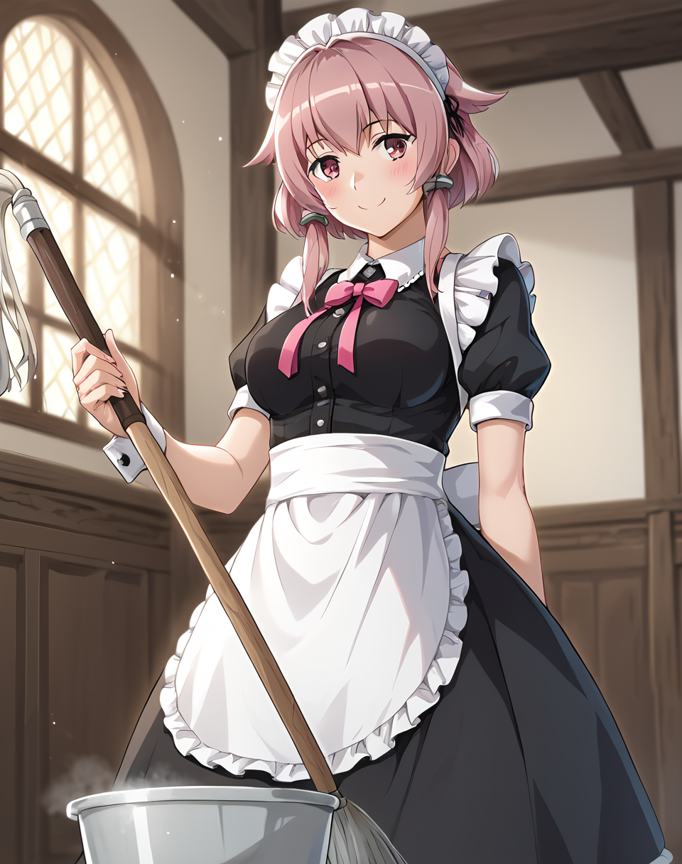 emma_flores, pink eyes, long hair, sidelocks, pink hair, medium breasts,maid, maid uniform, black dress, maid apron, maid, maid headdress  BREAK indoors, medieval BREAK  cleaning, holding mop,  blush, smile,   rom side, BREAK score_9, score_8_up, score_7_up, source_anime ,zPDXL, perfect hand,  <lora:Emma_Flores:0.8>,
