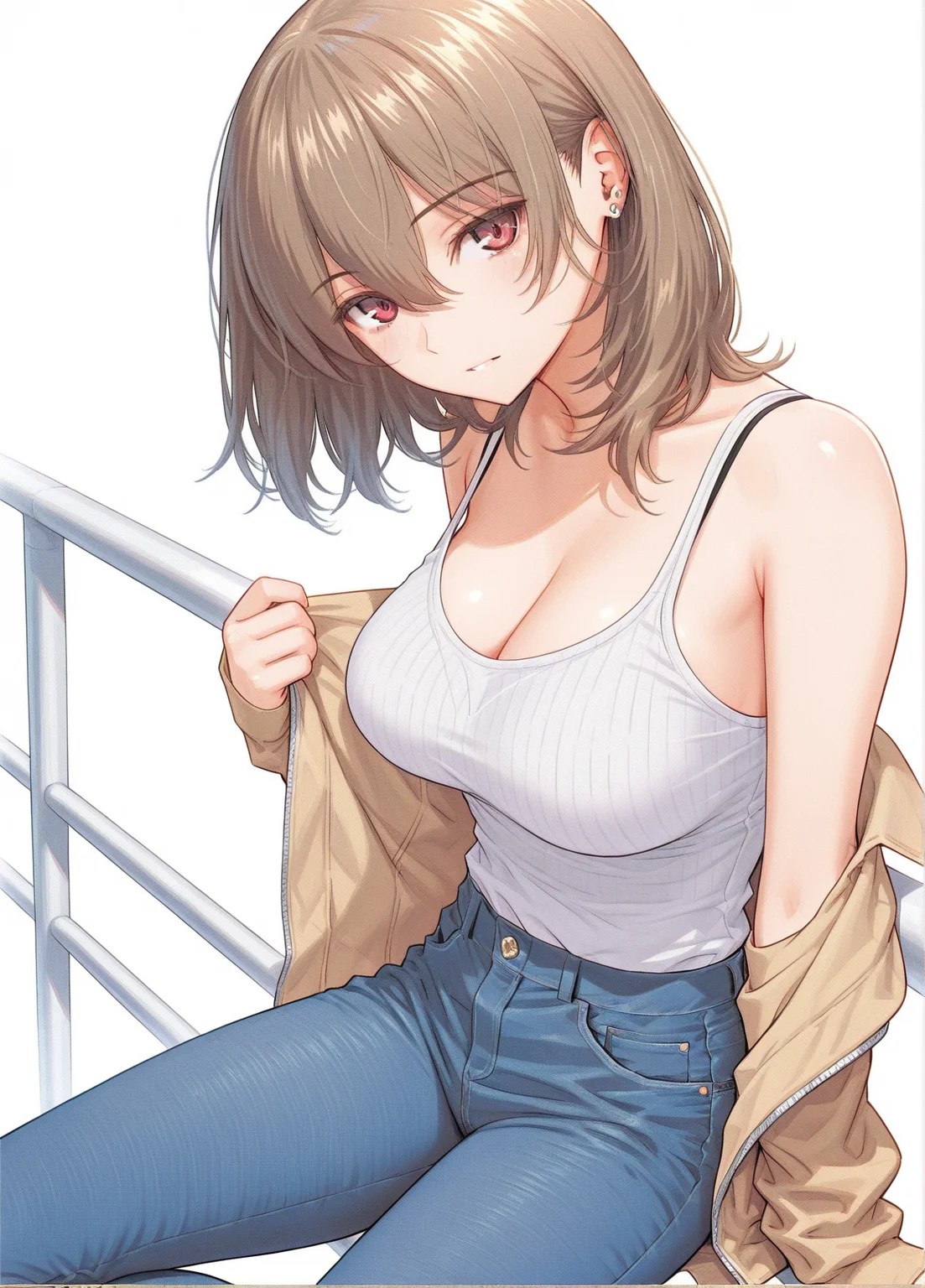ultra-detailed,detailed face, score_9, score_8_up, score_7_up, source_anime,(extremely detailed CG), (best quality),
brown hair,red eyes, 1girl, solo, looking at viewer, hair between eyes, parted lips, bangs, white background, simple background, medium hair, nagi,large breasts, slender waist ,
pants, denim, jeans, looking at viewer, sitting, tank top, jewelry, earrings, shirt, cleavage, off shoulder, bangs, railing, nagi
<lora:nagi:0.9>