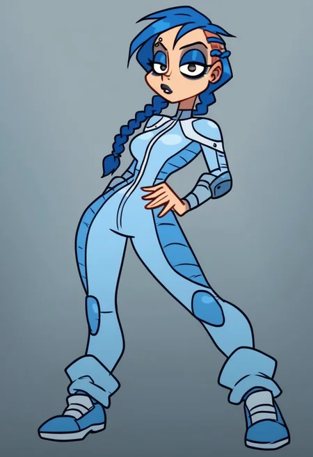 score_9, score_8_up, score_7_up, anna,
solo,1girl ,breasts, braid, blue hair, long hair, braid,great shading,,open eyes, eyeshadow, blue eyeshadow,makeup,, eyebrow piercing, piercing,
blue motosuit,
standing pose, looking at viewer, full body
gray background,