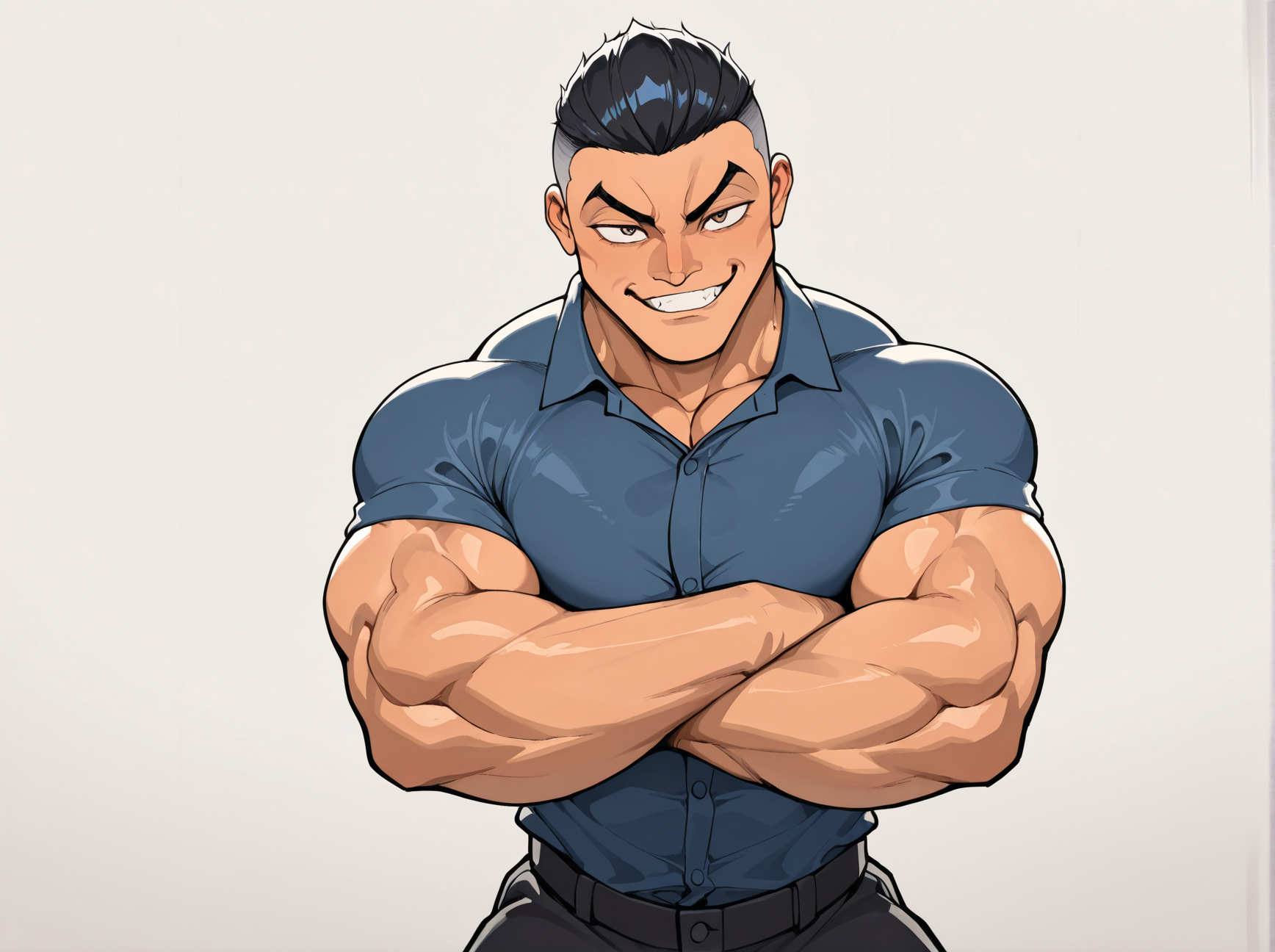 masterpiece, best quality, amazing quality, absurd res, 
 <lora:Gouki_Shibukawa_Baki_for_Illustrious:1> 1boy, gouk1, shirt, pants, muscular, solo
crossed arms, head tilt, frown, grin, looking at viewer,