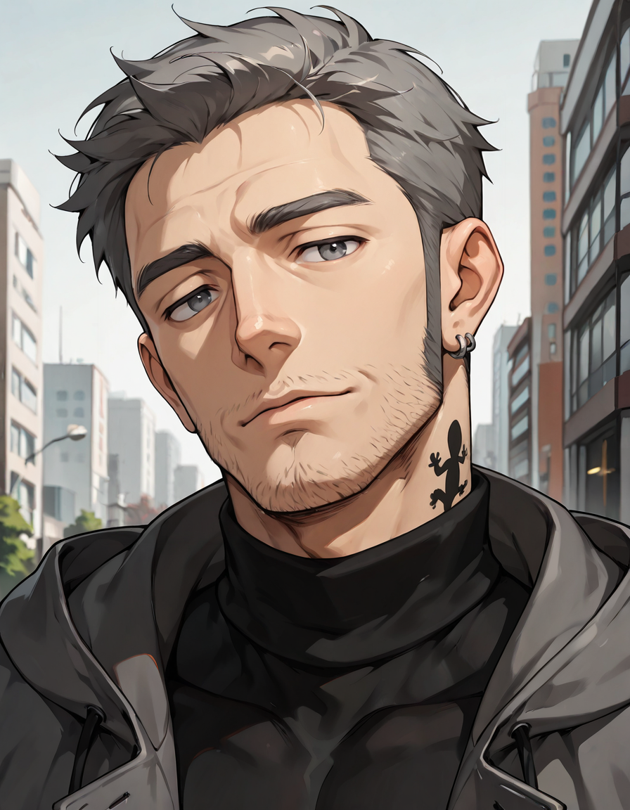masterpiece, best quality, absurdres, newest, perfect quality, best quality, absolutely eye-catching, detailed background, intricate details, male focus, anime, 2d, solo, <lora:Persona 5 - Munehisa Iwai - Illustrious 2_1-000006:0.7>, m_iwai, 1boy, mature male, grey hair, grey eyes, long sideburns, stubble, neck tattoo, earrings, grey long coat, black turtleneck, hood down, head tilt, come hither, looking at viewer, outdoors, city, trees, portrait, standing, head tilt