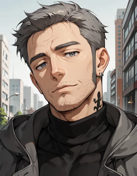 masterpiece, best quality, absurdres, newest, perfect quality, best quality, absolutely eye-catching, detailed background, intricate details, male focus, anime, 2d, solo, <lora:Persona 5 - Munehisa Iwai - Illustrious 2_1-000006:0.7>, m_iwai, 1boy, mature male, grey hair, grey eyes, long sideburns, stubble, neck tattoo, earrings, grey long coat, black turtleneck, hood down, head tilt, come hither, looking at viewer, outdoors, city, trees, portrait, standing, head tilt