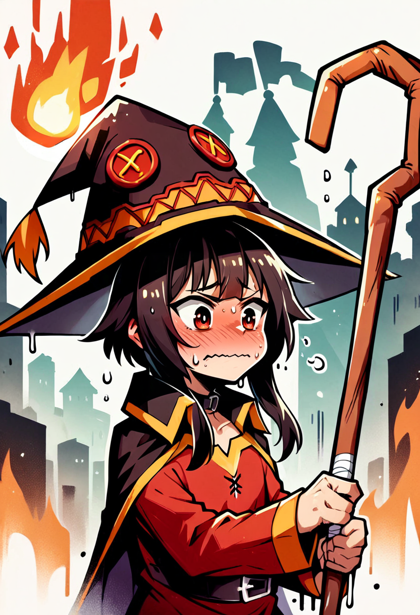 score_9, score_8_up, score_7_up, score_9, <lora:Toon Graffiti Style:1>, dripping,   megumin,, nervous,  sweating, nervous sweating,  holding staff,  wavy mouth, city on fire, black smoke,