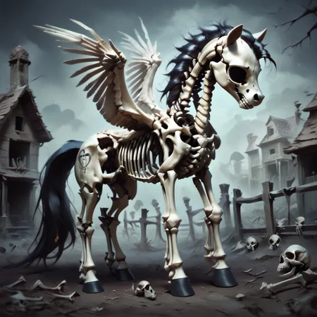 score_9, score_8_up, score_7_up, score_6_up, score_5_up, score_4_up, my little pony, ((feral pony)), side view, perfect side view, profile, short body, standing, solo, mare, static, female pony, long hair, straight hair, black hair, mare, short, short body, petite build, small, wide hips, big hips, (no humans), zkeleton, skeleton, (horse skeleton), pony skeleton, highly detailed, ghost, highly detailed, just bones, no flesh, graves, (cemetery), graveyard, detailed background, outside, outdoor, night, no face, exposed skull, pegasus, rotten wings, spread wings, head down, no eyes, terror theme, bones,