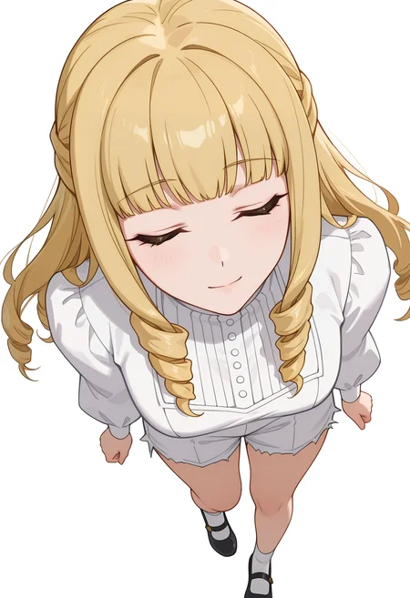 Smooth Quality,masterpiece,very intricate, high quality details, ultra realistic, high detailed skin,detailed enviorement,absurdres,
simple background, white background,
light smile, gentle expression, closed eyes, soft cheeks, relaxed aura,,dynamic angle,
robe,  ,bishop sleeve blouse,  ,frayed shorts,  , <lora:Fiatoio_Annacnn:0.7> fannacnn, 1girl, blonde hair, green eyes, long hair, blunt bangs, sidelocks, drill hair, mary janes,