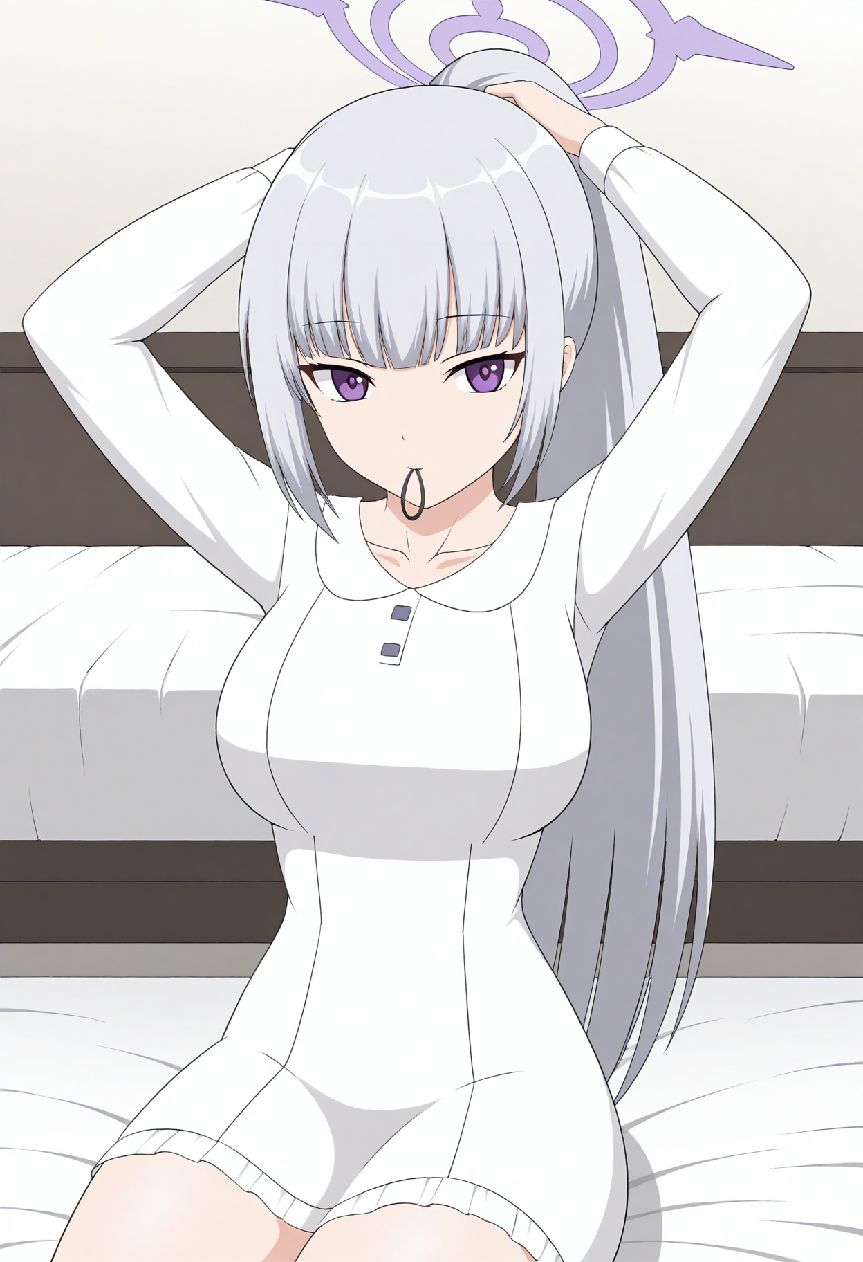 masterpiece,best quality,<lora:jsk:0.8>,jskstyle, 1girl, solo, halo, long hair, mouth hold, looking at viewer, dress, breasts, bangs, sitting, arms up, white dress, long sleeves, collarbone, purple eyes, grey hair, tying hair, blunt bangs, frills, very long hair, hair tie in mouth, large breasts, white hair, bed sheet, white background, sidelocks