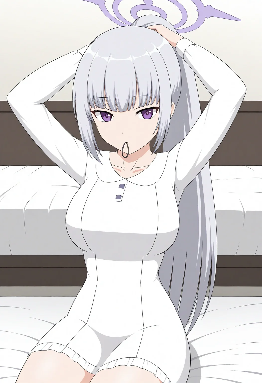 masterpiece,best quality,<lora:jsk:0.8>,jskstyle, 1girl, solo, halo, long hair, mouth hold, looking at viewer, dress, breasts, bangs, sitting, arms up, white dress, long sleeves, collarbone, purple eyes, grey hair, tying hair, blunt bangs, frills, very long hair, hair tie in mouth, large breasts, white hair, bed sheet, white background, sidelocks