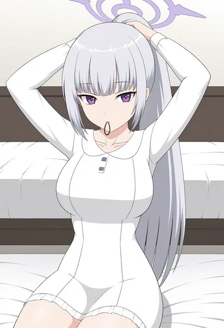 masterpiece,best quality,<lora:jsk:0.8>,jskstyle, 1girl, solo, halo, long hair, mouth hold, looking at viewer, dress, breasts, bangs, sitting, arms up, white dress, long sleeves, collarbone, purple eyes, grey hair, tying hair, blunt bangs, frills, very long hair, hair tie in mouth, large breasts, white hair, bed sheet, white background, sidelocks