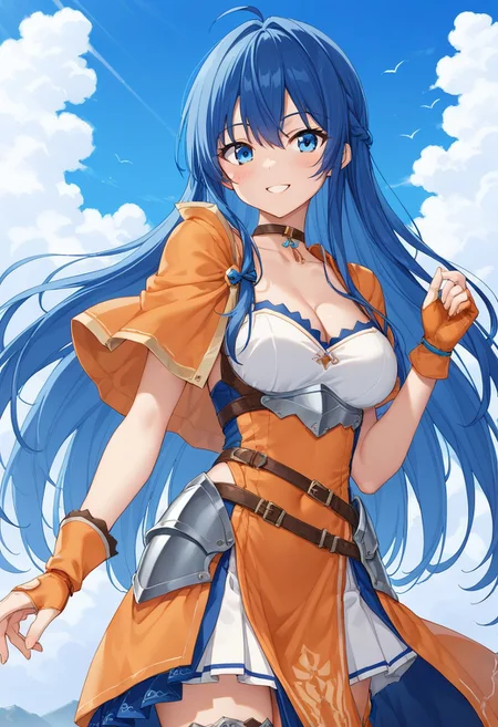 score_9, score_8_up, score_7_up, masterpiece, high quality, source_anime, 1girl, solo, cowboy shot, dutch angle, sky, smile, blush,
lilinafeh, blue eyes, blue hair, long hair,
orange cape, choker, armored dress, armor, cleavage, single orange glove, asymmetrical legwear