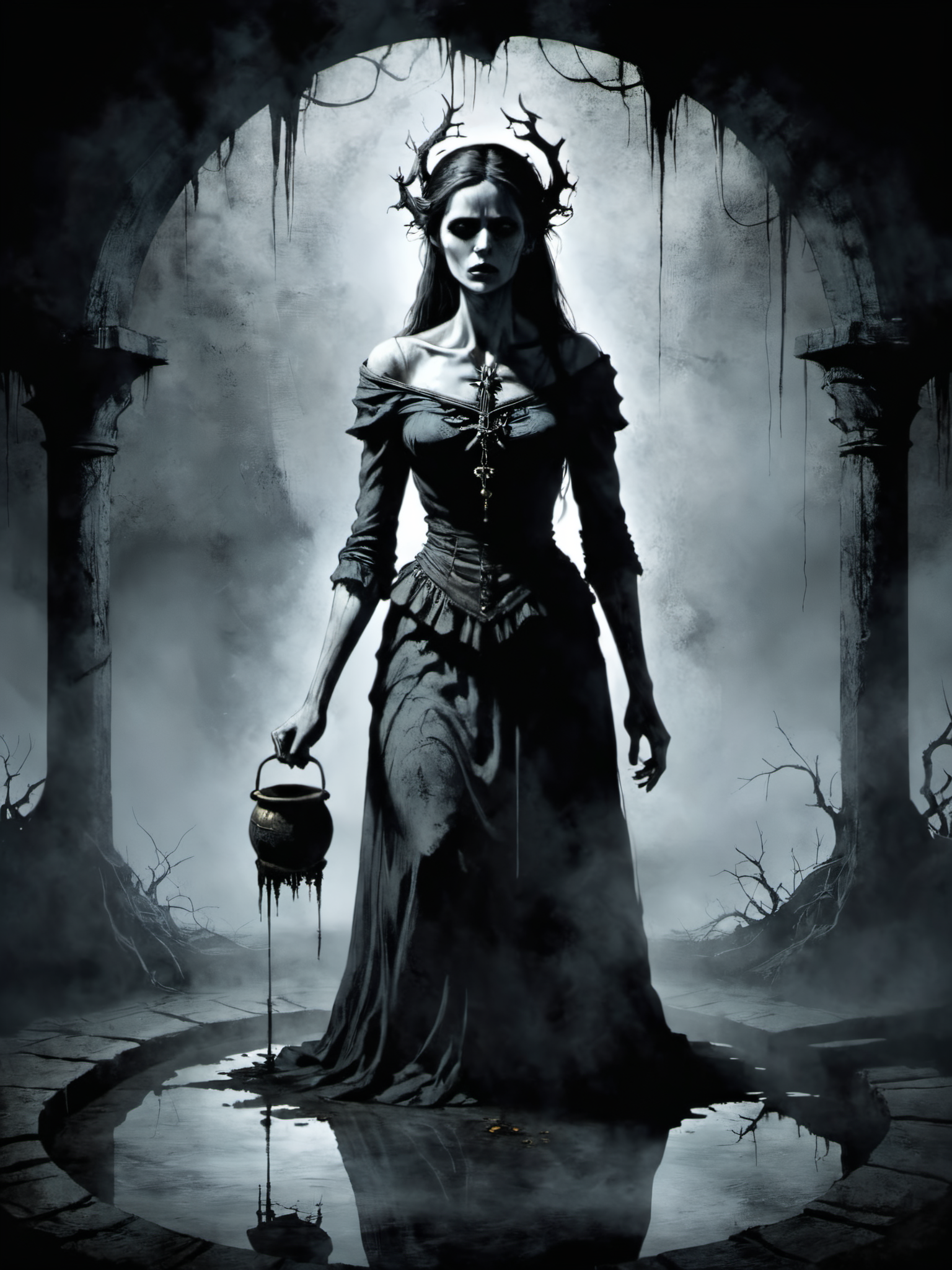 Horror-themed bold artwork,creative use of shadows and textures to create an image using negative space,"The Woman at the Well", . Eerie, unsettling, dark, spooky, suspenseful, grim, highly detailed