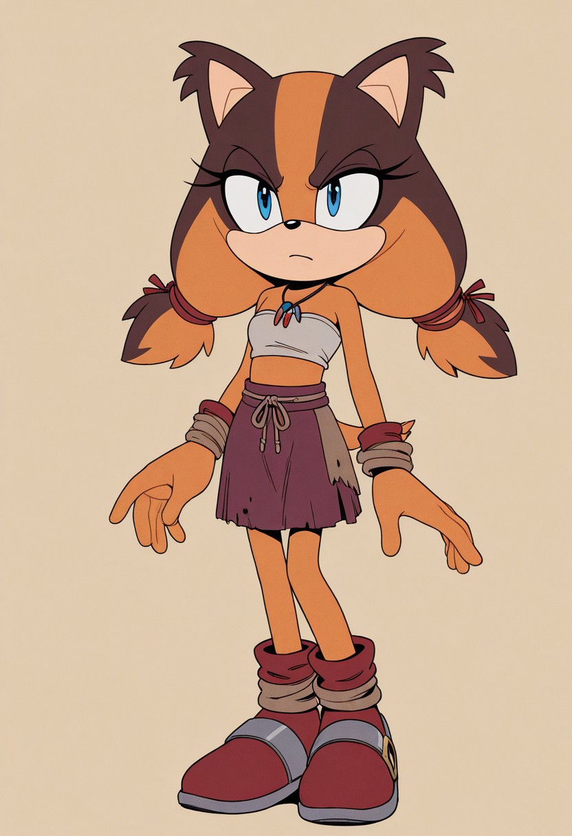masterpiece, best quality, amazing quality, very aesthetic, absurdres, solo, 1girl, full body, sonic \(series\), 
solo,<lora:Perfect Hands:0.8> Perfect Hand,
<lora:TMoStH-Illustrious:0.9> tmosth, flat color, black shading, sloppy coloring, hatching \(texture\), furry, , masterpiece, detailed, absurd res, intricate details, 1girl, solo,Sticks the Badger, orange-brown skin, blue eyes, small breasts, tube top, skirt, shoes, necklace, jewelry,serious