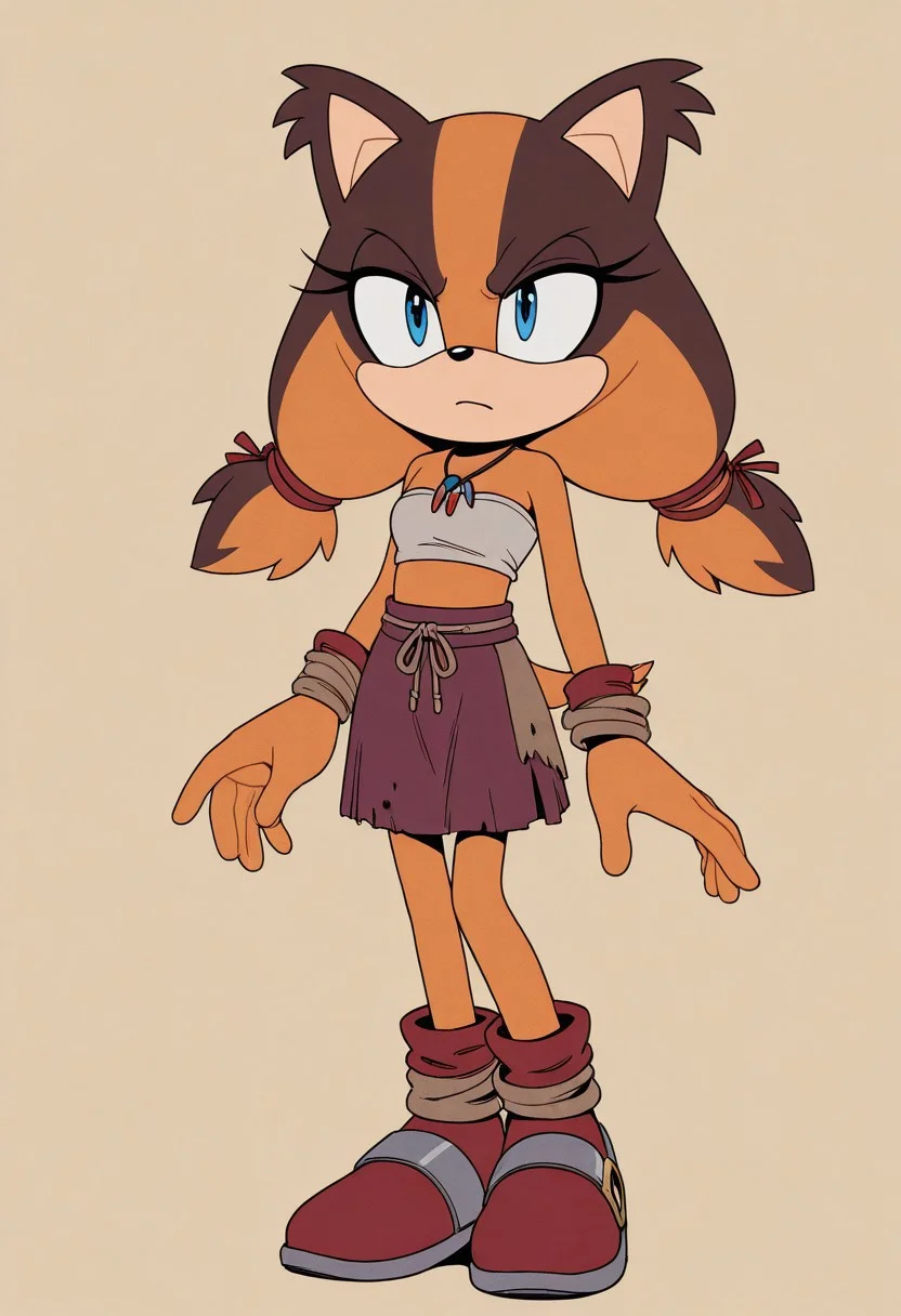 masterpiece, best quality, amazing quality, very aesthetic, absurdres, solo, 1girl, full body, sonic \(series\),
solo,<lora:Perfect Hands:0.8> Perfect Hand,
<lora:TMoStH-Illustrious:0.9> tmosth, flat color, black shading, sloppy coloring, hatching \(texture\), furry, , masterpiece, detailed, absurd res, intricate details, 1girl, solo,Sticks the Badger, orange-brown skin, blue eyes, small breasts, tube top, skirt, shoes, necklace, jewelry,serious