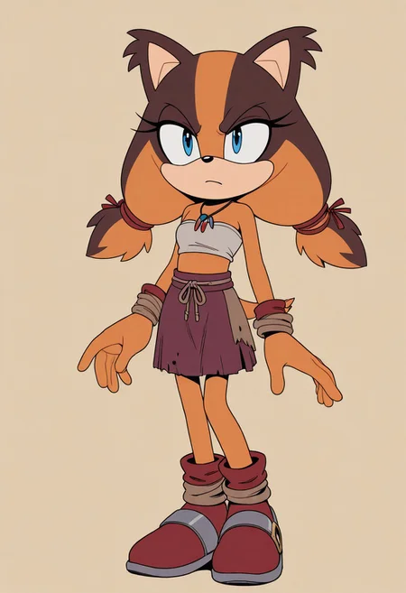 masterpiece, best quality, amazing quality, very aesthetic, absurdres, solo, 1girl, full body, sonic \(series\),
solo,<lora:Perfect Hands:0.8> Perfect Hand,
<lora:TMoStH-Illustrious:0.9> tmosth, flat color, black shading, sloppy coloring, hatching \(texture\), furry, , masterpiece, detailed, absurd res, intricate details, 1girl, solo,Sticks the Badger, orange-brown skin, blue eyes, small breasts, tube top, skirt, shoes, necklace, jewelry,serious