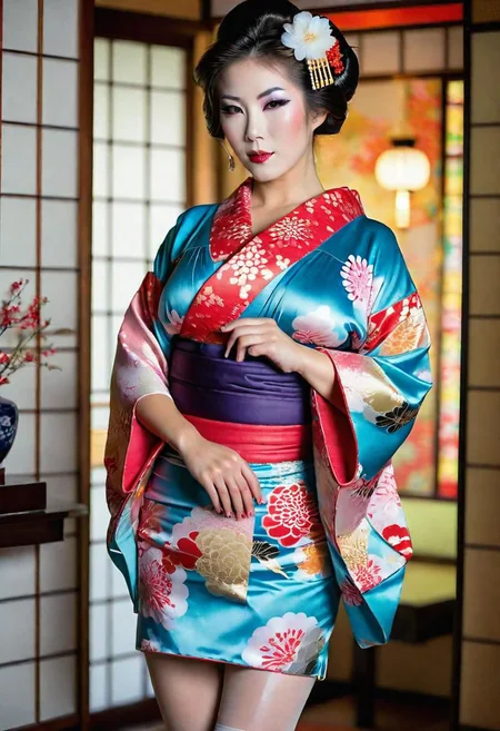 full body fashion photography, sexy geisha, Japanese girl with short vibrantly coloured kimono, (Geiko Shimada Geisha hairstyle:1.3), standing in a sexy and elegant pose with detailed okiya interior background, exposed thighs, highly detailed, (Japanese Bimbo:), (large fake breasts), kimono open to show cleavage, (perfect detailed white face geisha makeup:1.3), blushed cheeks, very detailed big (eyes:1.3), vibrant lipstick, very detailed eyes, very detailed pupils, 1girl, 8k UHD DSLR photo, very detailed face, bmbplora