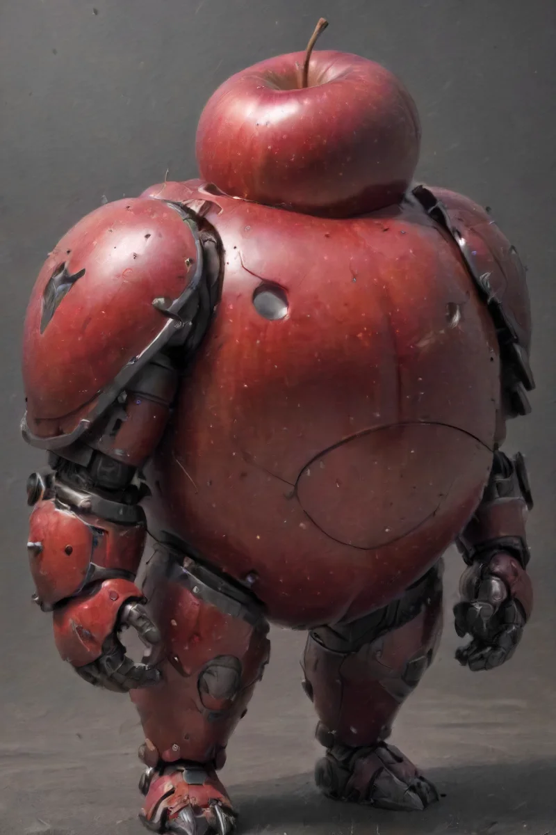 an armored (apple:1.1) that is of military grade quality and is wearing red armor, <lora:- SDXL - heavy_armored_V2.1:1>
