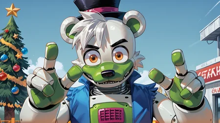 <lora:saucebear_ponyxl-10v1.2:1.7> score_9_up, score_8_up, score_7_up, source_furry, source_cartoon, outside, saucebear, bear ears, large canines, perfect canines, sabertooth, deep blue mini top hat, orange eyes, detailed eyes, green phalanges, four fingers, (((four fingers))), greenish-white body:1.2, (green color front, gray neck, metallic neck:1.5), wearing blue vest, loose vest, thin neck, solo, (looking at viewer), perfect body, detailed hands, toony hands, toony body, toony head, zPDXL2, detailed hat, male focus, nice background, (flat chest), fluffy head:0.8, BREAK, winter scene, christmas tree, christmas scene
<lora:big_eyes_v1:1.0> <lora:zy_Detailed_Backgrounds_v1:0.3>