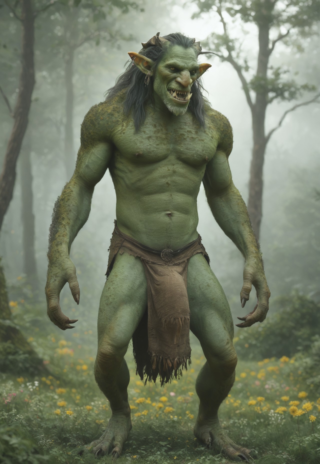 1 Dnd_Troll, the image is a digital drawing featuring 1 fantastical humanoid creatures standing , detailed outdoor background, trees, flowers, birds, sunset, troll, toothy grin, huge, long arms, green skin that transitions from white at the top to light gray at the bottom.  its fur is a mix of dark green and gray appearing rough and unkempt. it has a wild untamed look with sharp jagged teeth visible in its open mouth and its eyes are a piercing yellow. its fur extends down its arms and legs which end in clawed hands and feet. it wears a tattered dirty loincloth made of a dark coarse material cinched at the waist. dnd_troll claws loincloth monster no humans standing horns teeth male focus green skin simple background sharp teeth 1boy colored skin full body tusks  muscular