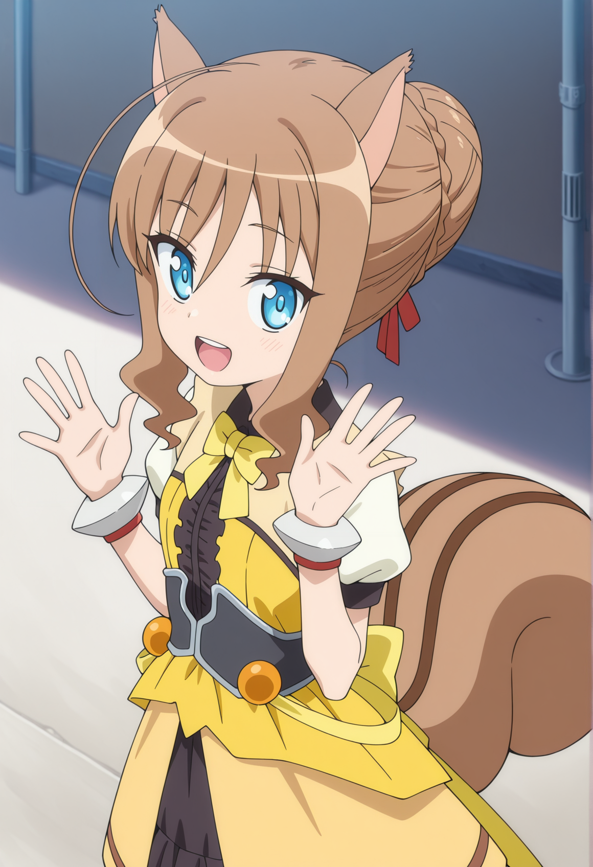 1girl, brown hair, blue eyes, squirrel ears, squirrel tail, single hair bun, ribbon, yellow dress, bracelet, waving <lora:Cou_DD:1>, masterpiece, best quality, amazing quality, very aesthetic, absurdres, highres, newest