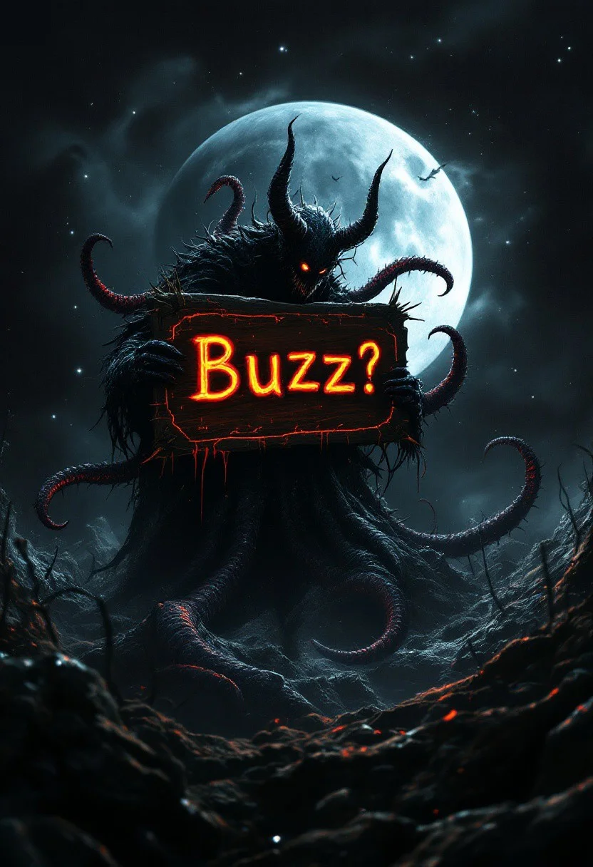 a fantasy, horror fantasy, during the lunar eclipse a conjunction of planets unleashes the portals to the underworld releasing barbed tentacled beasts out of the ichor of the night, lunar eclipse demon tentacles barbs ichor, uhd 8k hyper-realistic with intricate detail sign saying "Buzz?"