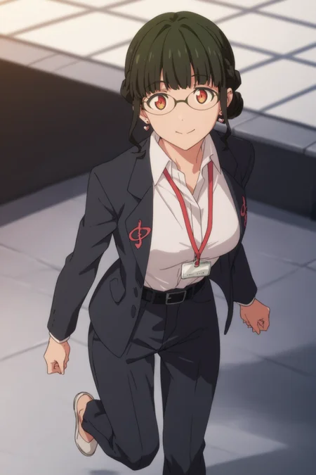 score_9, score_8_up, score_7_up, score_6_up, score_5_up, source_anime, rating_safe, medium breasts, indoors, 1girl, solo, looking at viewer, <lora:age_slider_v4:3>, anosillus the 2nd, dark green hair, short hair, low tied hair, french braid, red eyes, glasses, heart earrings, suit, grey jacket, white shirt, collared shirt, lanyard, open jacket, black belt, grey pants, white footwear, <lora:Anosillus_the_2nd:0.8>, (dynamic pose:1.2),