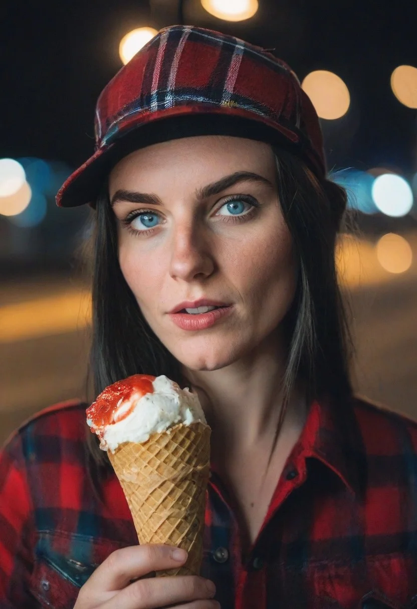 A 30yo woman eating a cone icecream. blue eyes. perfecteyes
Wearing Jeans and Plaid red shirt with a hat/cap red.
Long dark black slick back hair. No makeup.
Night time, Street light.
Looking at camera POV.
Medium Close Up shot.
Bokeh. Bokeh light.
Blurred background.