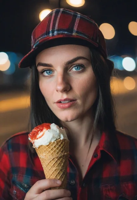 A 30yo woman eating a cone icecream.  blue eyes. perfecteyes
Wearing Jeans and Plaid red shirt with a hat/cap red. 
Long dark black slick back hair. No makeup.
Night time, Street light. 
Looking at camera POV. 
Medium Close Up shot.
Bokeh. Bokeh light.  
Blurred background.