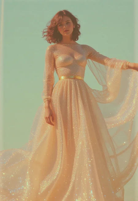 Masterpiece, best quality, extremely detailed photo, super realistic photo, dramatic photo, spiritual, magical mysterious atmosphere, professional photo, luxury photo for vanity fair magazine, portrait of a young cute woman in a translucent beige-peach dress with gold sparkles, background of a gentle mint candy color, slightly curly light golden hair, short haircut, blue gentle eyes, pale skin with peach-pink blush on the cheeks, long dress, gold shoes, gentle stylish image, dress made of light weightless fabric flowing over the body, dress in the style of the Oscar award, photo in the style of the cover of a fashion magazine, translucent sleeves, closed neckline, dress and skin seem to glow from the inside, freckles, stud earrings, a pleasant golden glow around, a gold hairpin, a dress flows over the body, repeating the contours of a feminine figure, photo from outside, hot day, nevada, detailed, best quality, highly detailed portrait, high quality, 34K uhd, high detail, 8k