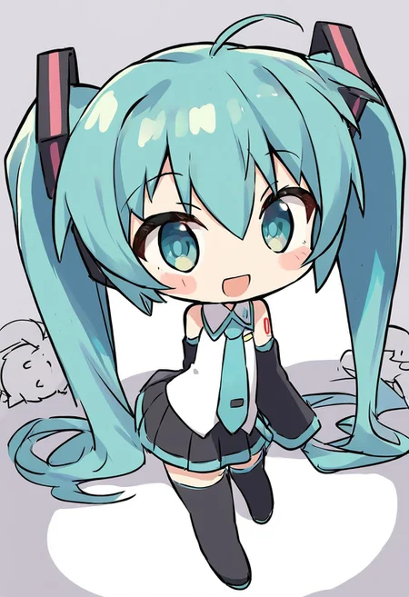 score_4,score_5,score_6,score_7_up,score_8_up,score_9 ((masterpiece,best quality,ultra detailed,highres,HD,4k:1.2)), 
((chibi,full body,deformed,| |)),
 1girl,solo,solo focus,face focus, 
hatsune miku,absurdly long hair,aqua hair,twintails,hair ornament,sidelocks,hair between eyes,parted bangs,aqua eyes,
white shirt,collared shirt,bare shoulders,sleeveless shirt,aqua necktie,detached sleeves,black sleeves,shoulder tattoo,fringe,black thighhighs,miniskirt,pleated skirt,zettai ryouiki,thigh boots,
happy,smile,open mouth,blush,