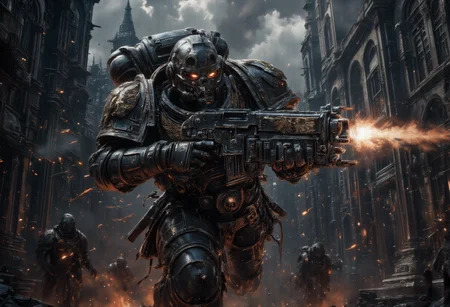 ultrareal photo of  running Space Marine  from Warhammer 40k in space marine armor firing his Bolter and shooting aliens, he is very angry and focues, moody atmosphere,   backgound is gothic buidings,  light coming from windows, light coming from grey sky <lora:flux_realism_lora:0.9>  <lora:Sinfully_Stylish_.02_for_FLUX:0.9>  <lora:sm2:0.9> <lora:v1v1dr34m:0.9> <lora:Bolter_-_Warhammer_40000_Flux:0.9> <lora:HORROR_2_FLUX:0.8>